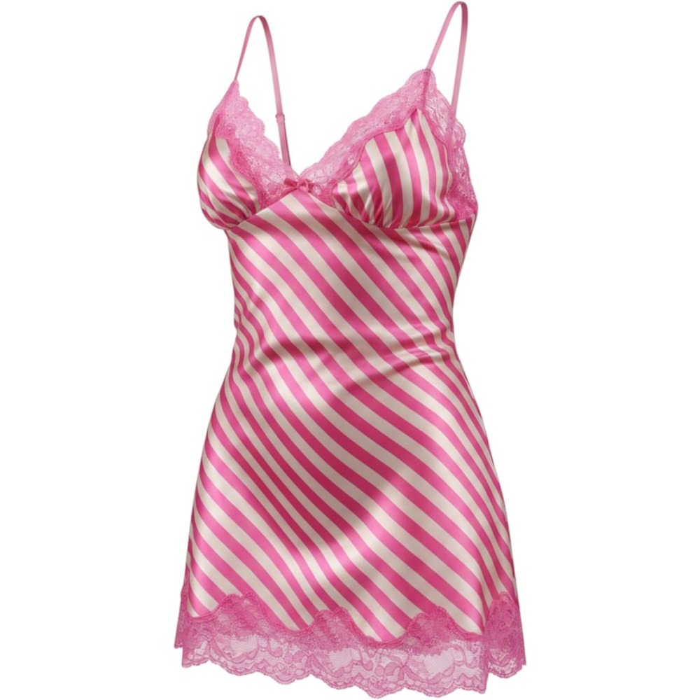 Victorias Secret Pink White Striped Satin Lace Babydoll Chemise Rhinestone‎ S/P